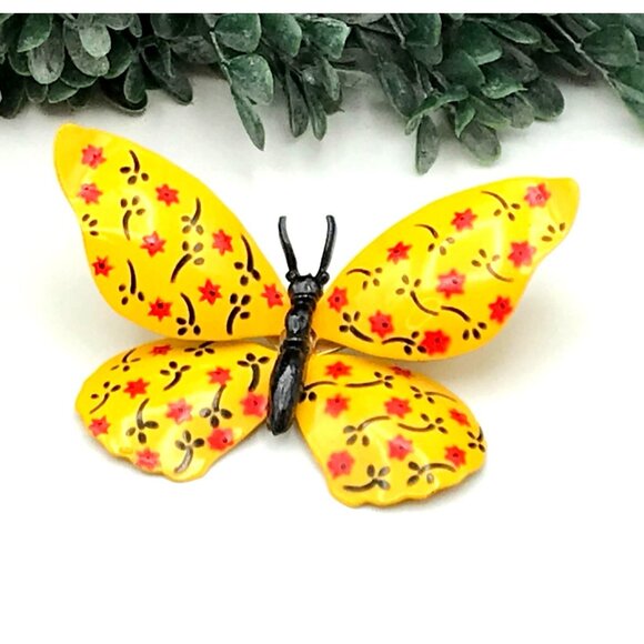 Vintage Yellow Butterfly Brooch Pin With Hand-Painted Red & Black Floral Design - Picture 3 of 5